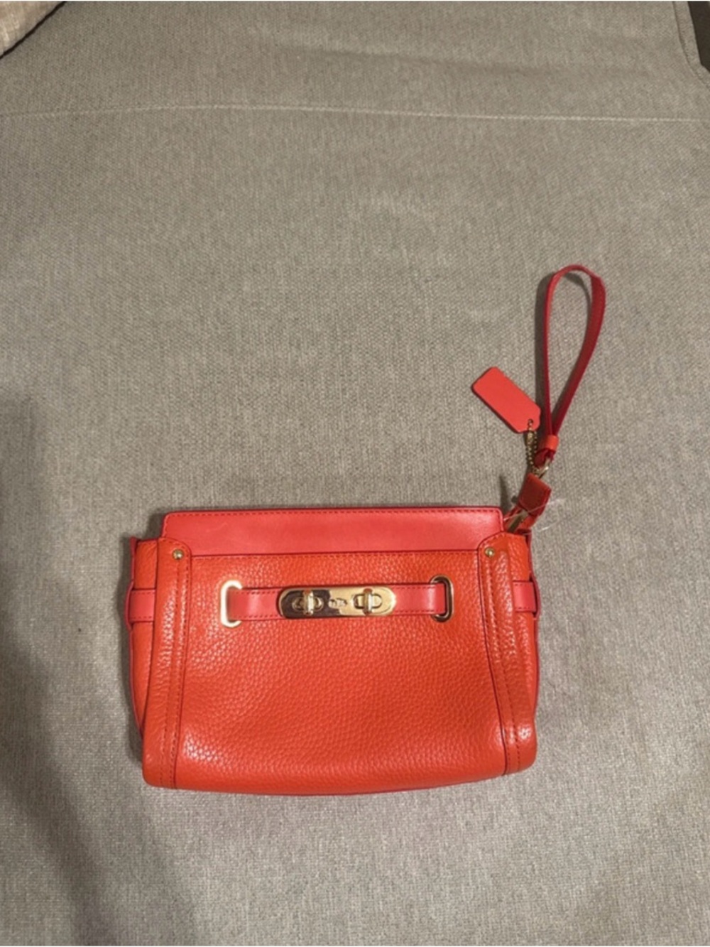 Coach Orange Leather Wristlet Clutch with Gold-Tone Turnlock